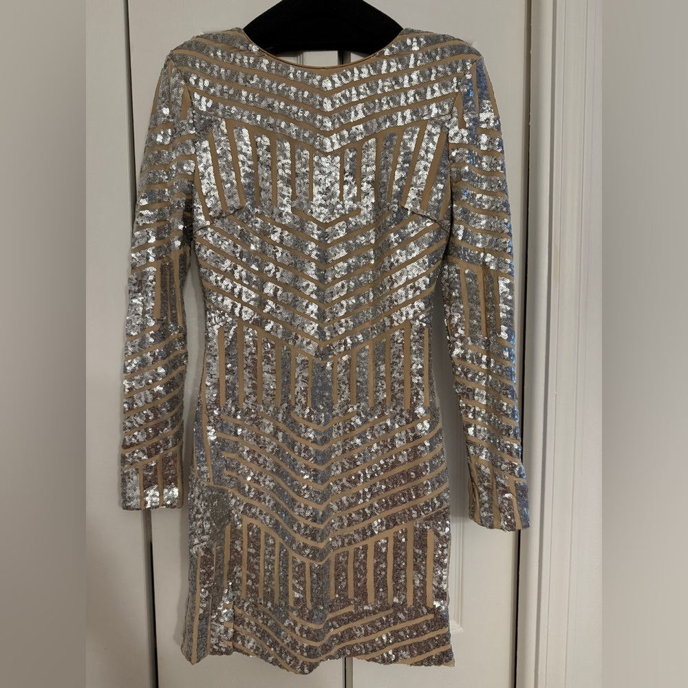 Dress the Population Silver and Tan Long Sleeve Sequin Dress